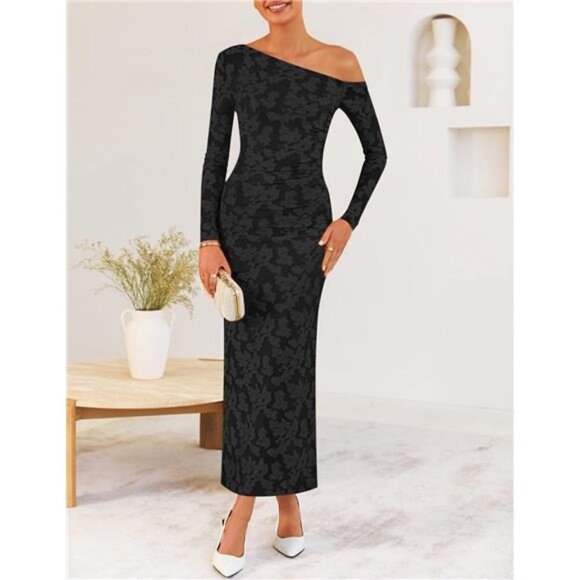 Women's Floral Off Shoulder Bodycon Maxi Dress Black - Picture 2 of 6